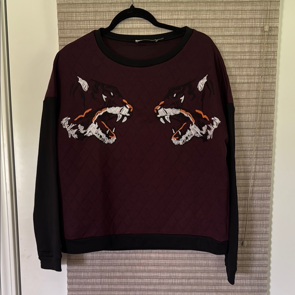 Women's Burgundy and Black Sweater with Tiger Design